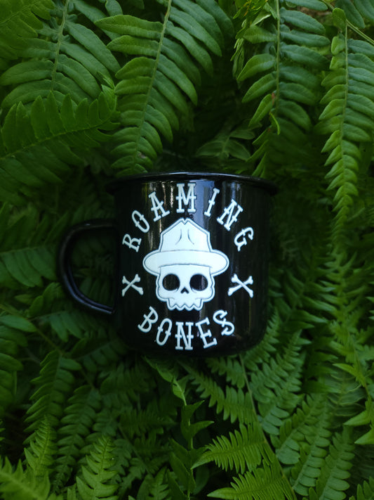 Roaming Bones white logo enamel mug